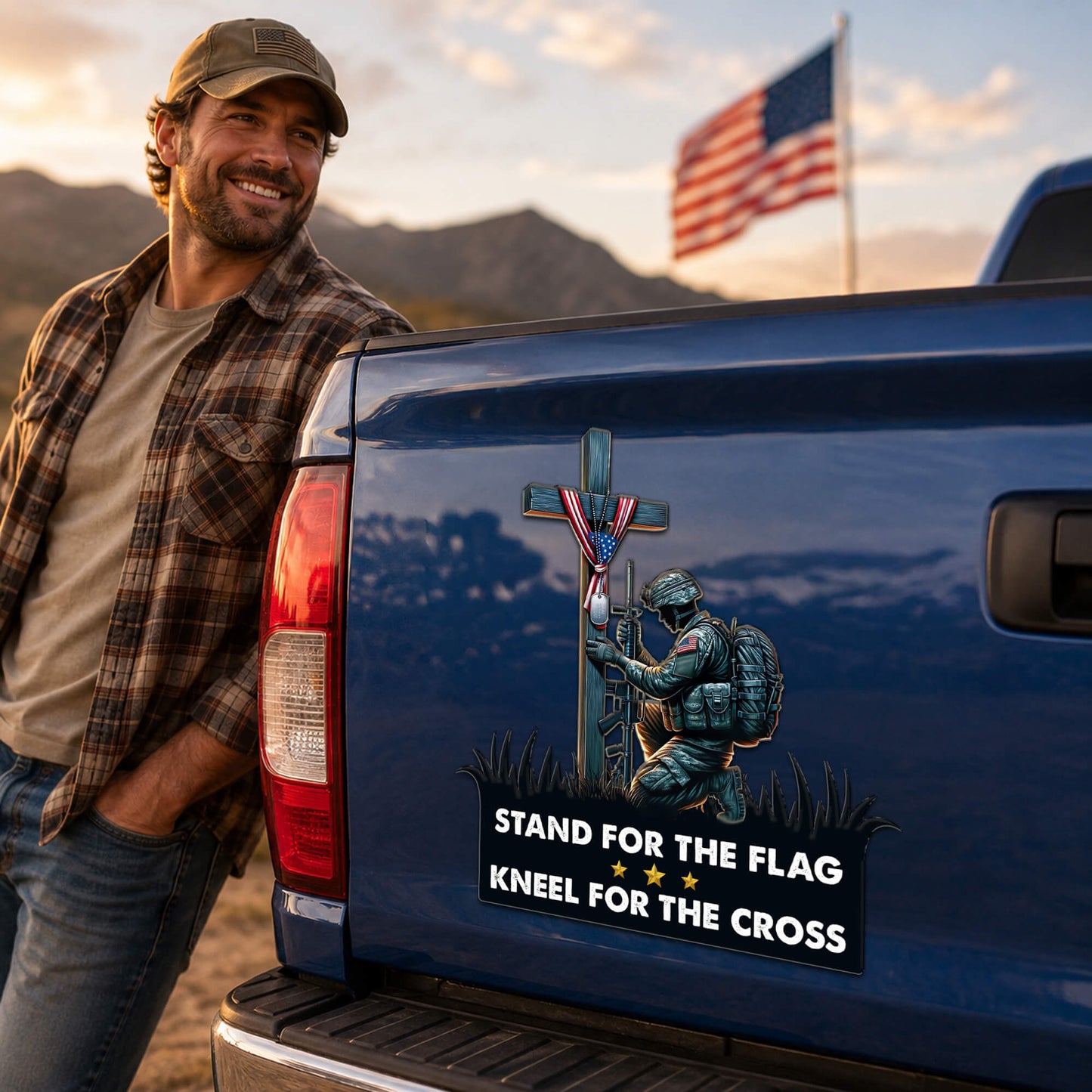 Stand For The Flag Kneel For The Cross Magnet - Military Soldier Praying Cross Decal for Cars and Fridges
