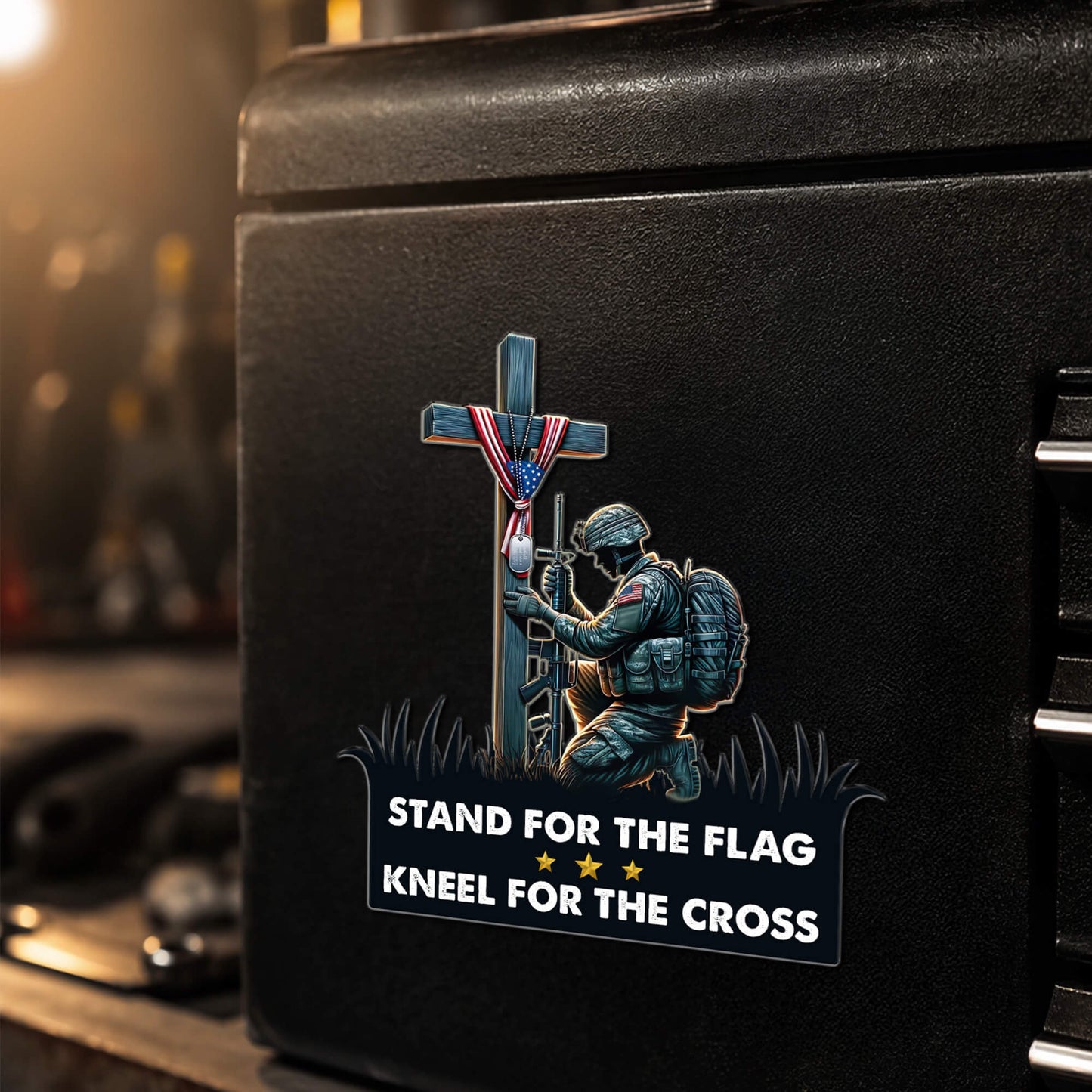 Stand For The Flag Kneel For The Cross Magnet - Military Soldier Praying Cross Decal for Cars and Fridges