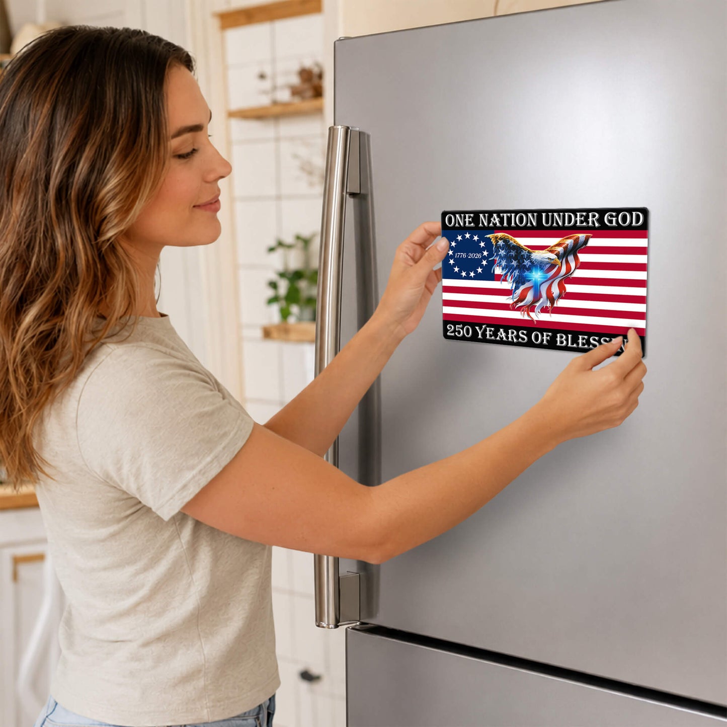 One Nation Under God Magnet - 250 Years of Blessing American Flag Eagle Cross Die Cut