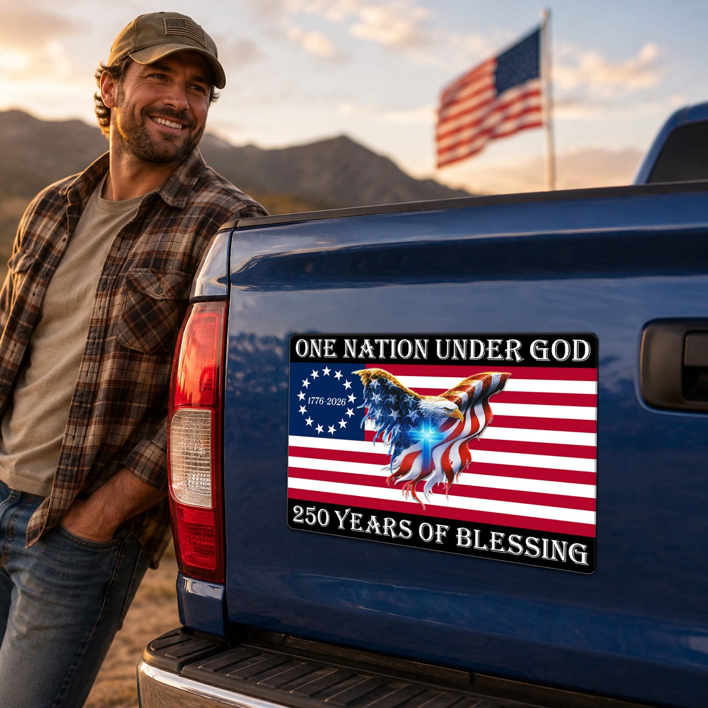 One Nation Under God Magnet - 250 Years of Blessing American Flag Eagle Cross Die Cut