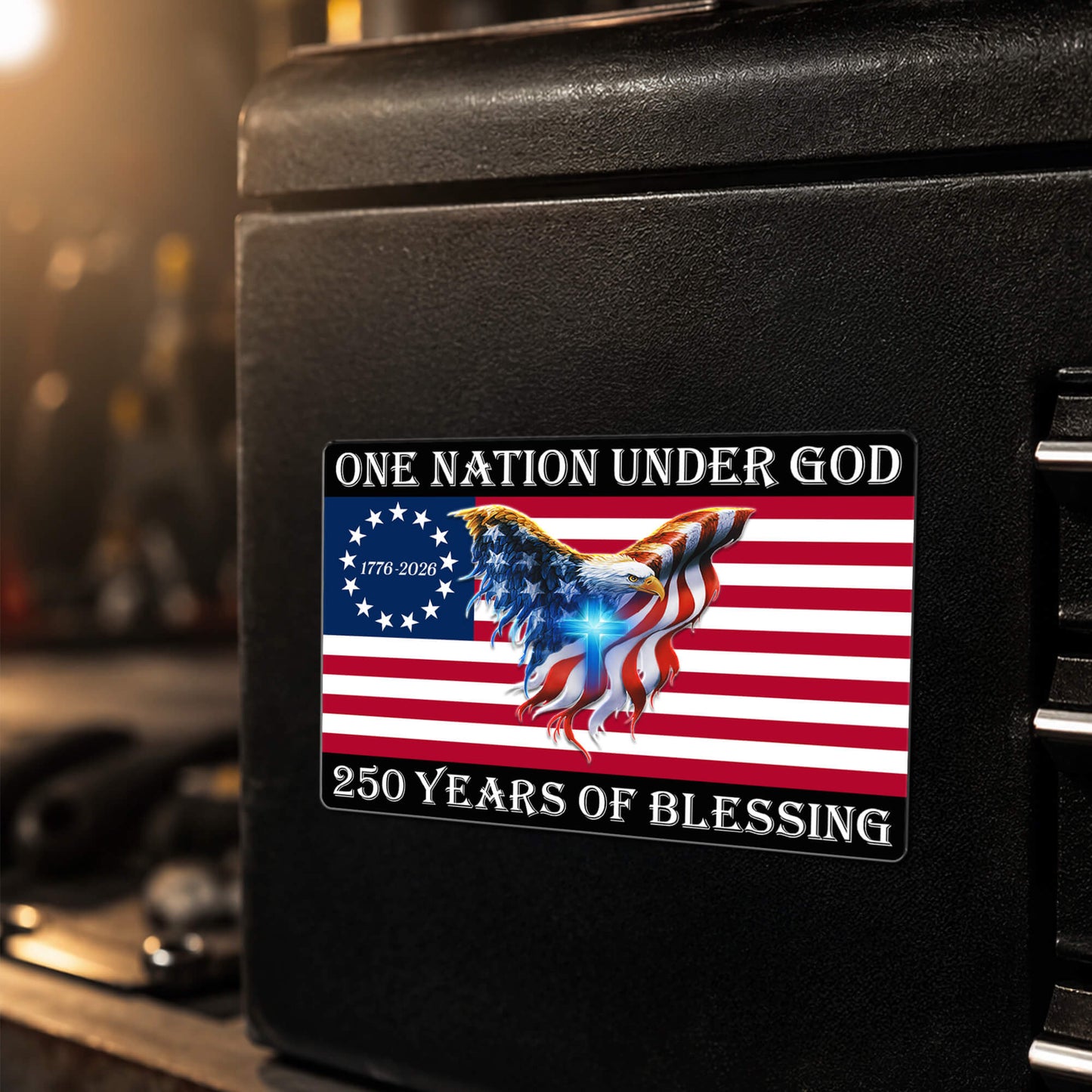 One Nation Under God Magnet - 250 Years of Blessing American Flag Eagle Cross Die Cut