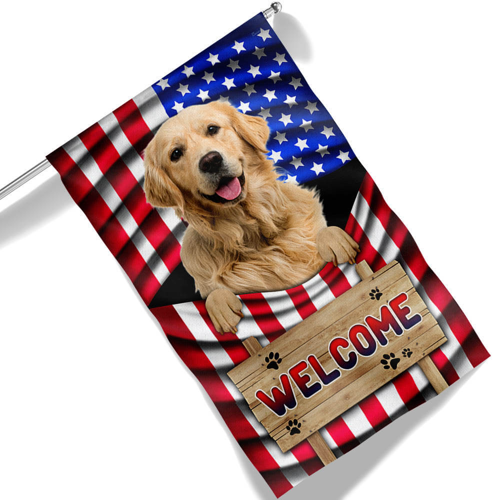 Golden Retriever Welcome Flag with American Flag Design