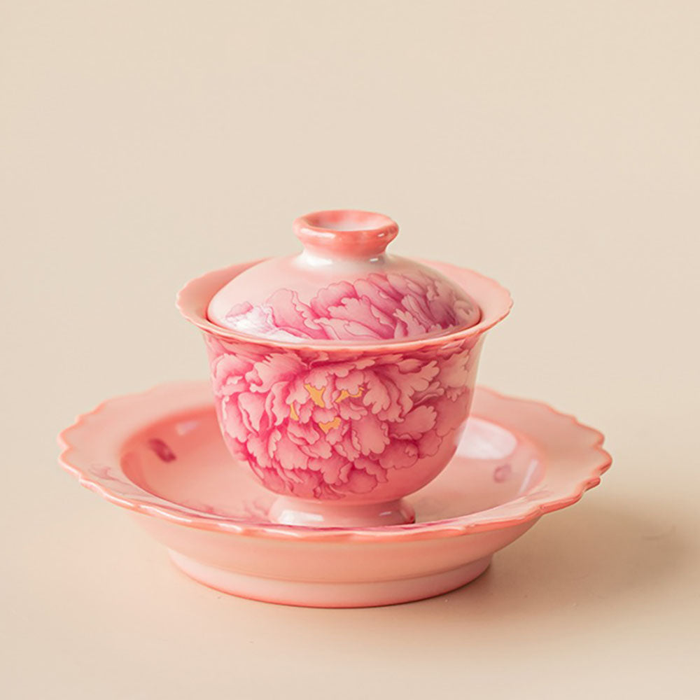 Pink Peony Ruyao Gaiwan Tea Set with Saucer