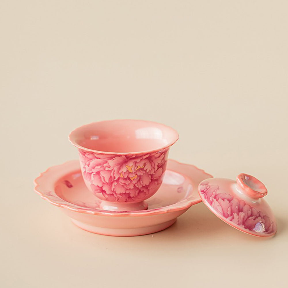 Pink Peony Ruyao Gaiwan Tea Set with Saucer