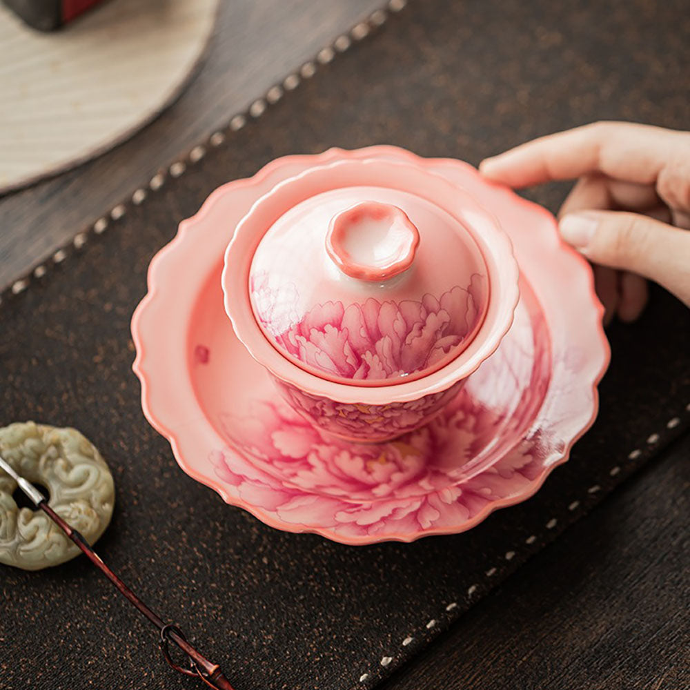 Pink Peony Ruyao Gaiwan Tea Set with Saucer