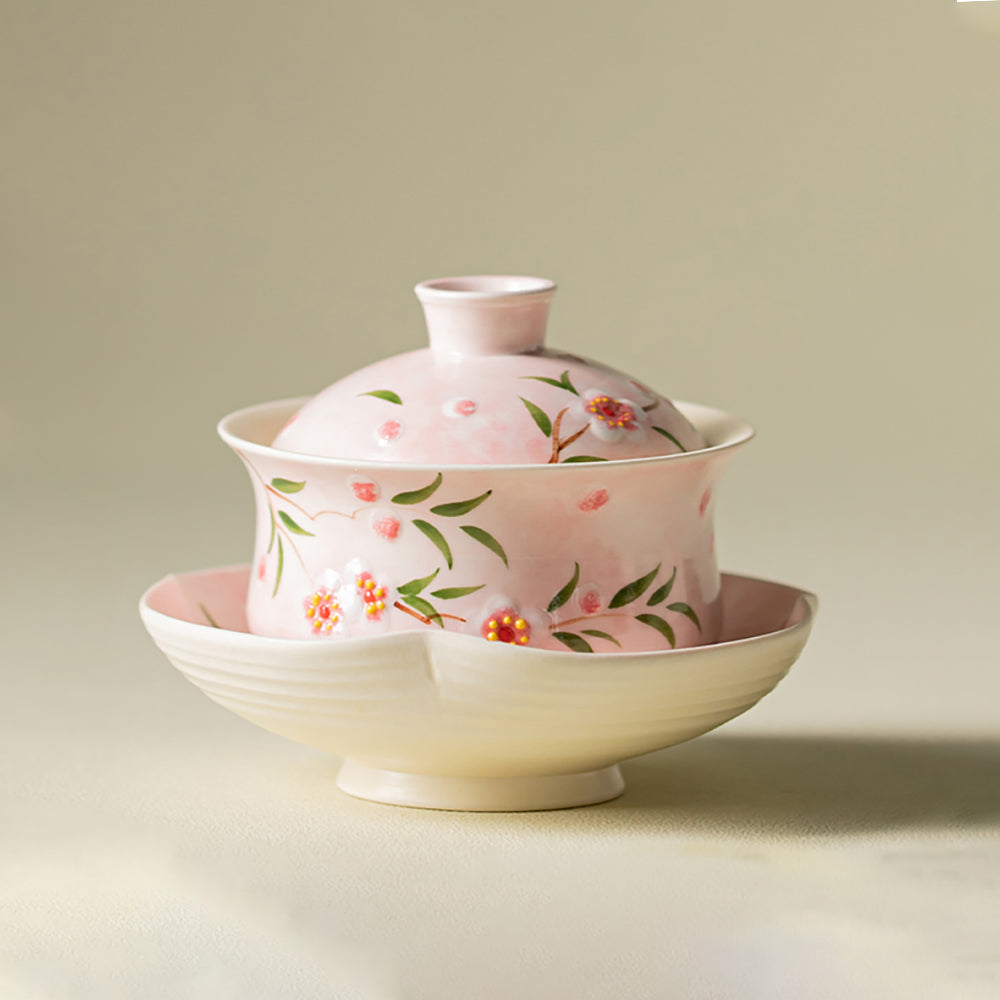 Hand-Painted Peach Blossom Porcelain Gaiwan Tea Set