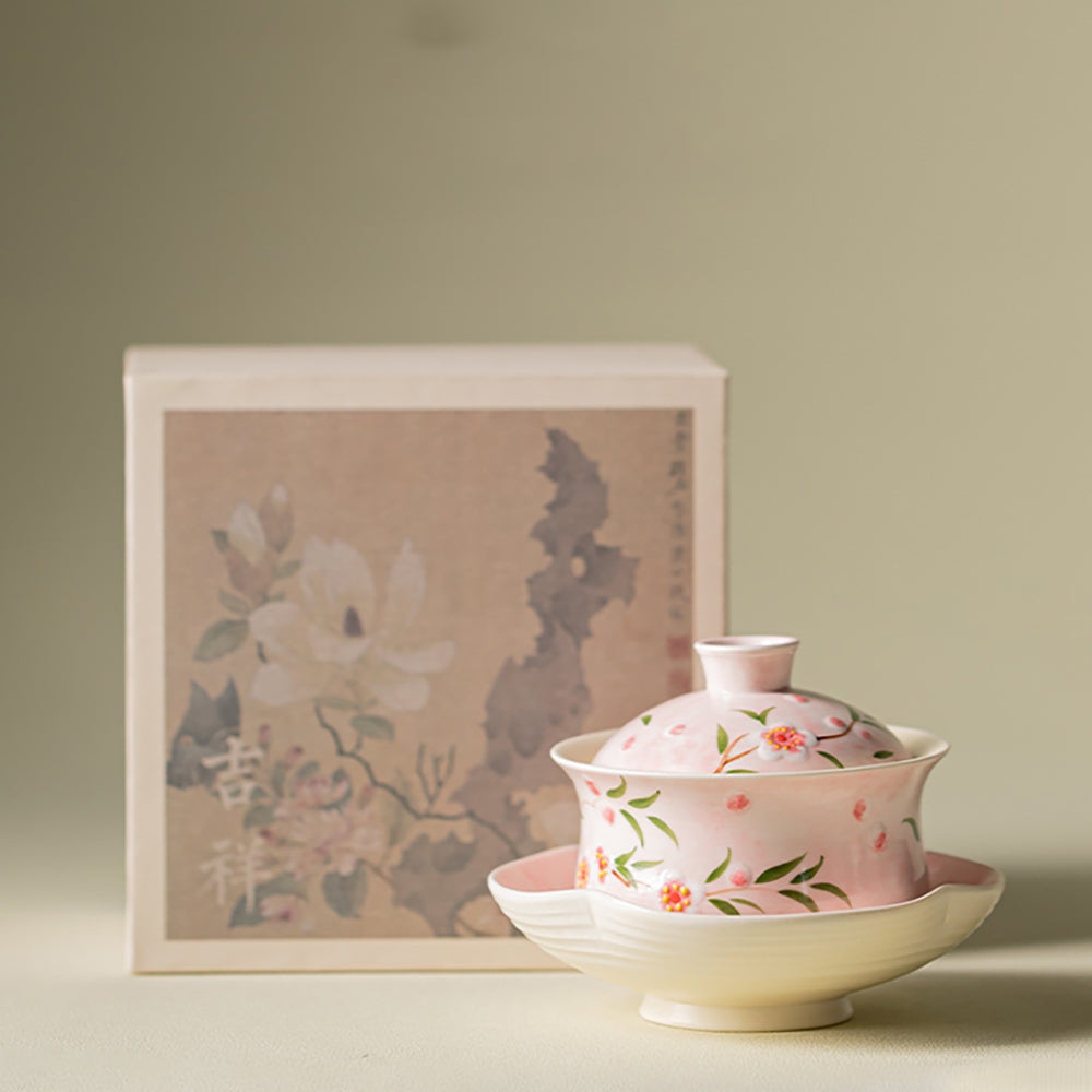 Hand-Painted Peach Blossom Porcelain Gaiwan Tea Set