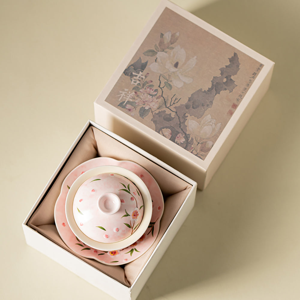 Hand-Painted Peach Blossom Porcelain Gaiwan Tea Set
