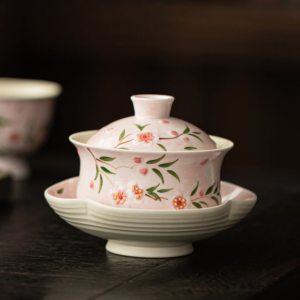 Hand-Painted Peach Blossom Porcelain Gaiwan Tea Set
