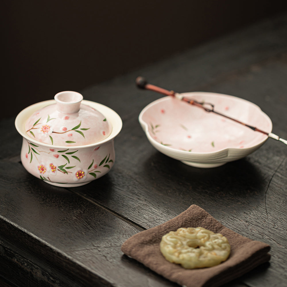 Hand-Painted Peach Blossom Porcelain Gaiwan Tea Set
