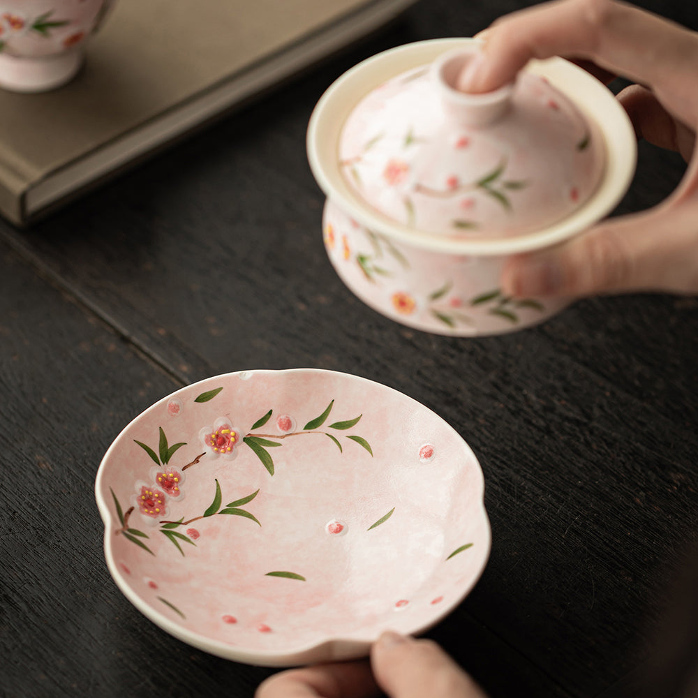 Hand-Painted Peach Blossom Porcelain Gaiwan Tea Set