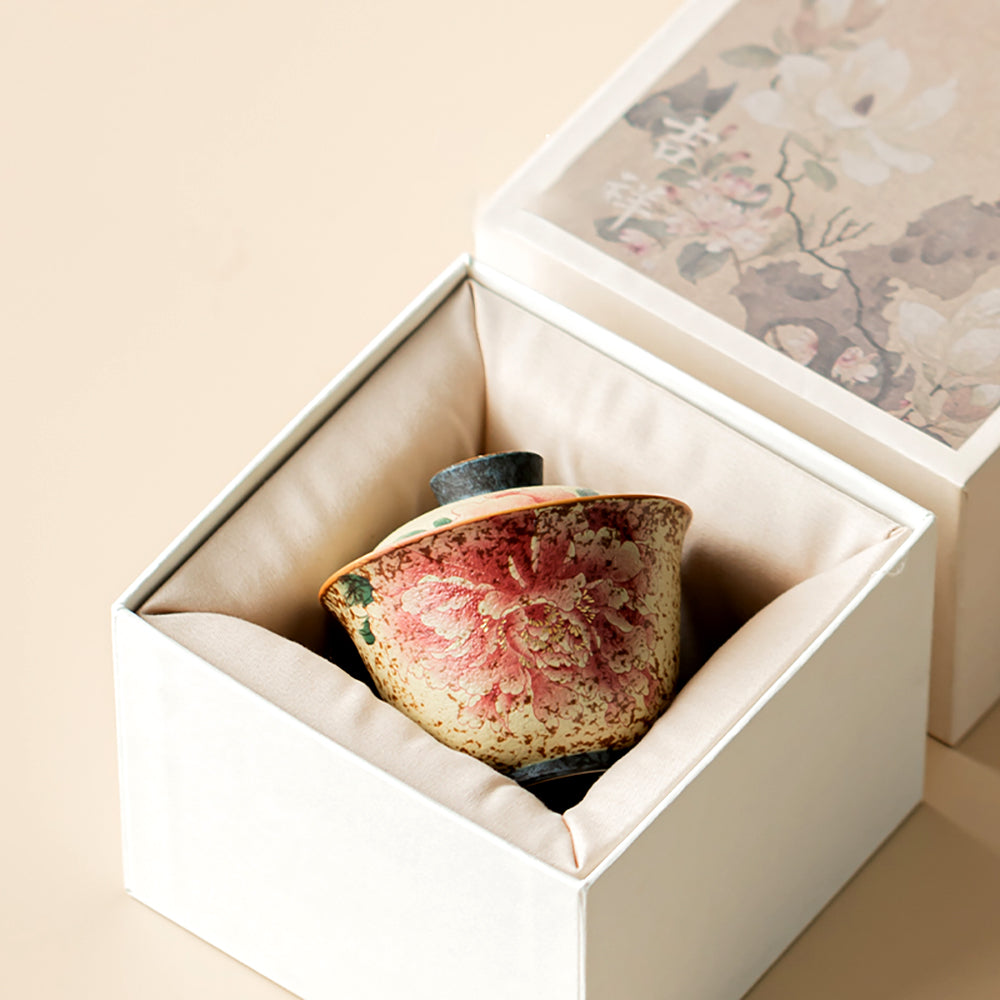 Flint Red Peony Ceramic Gaiwan with Gift Box