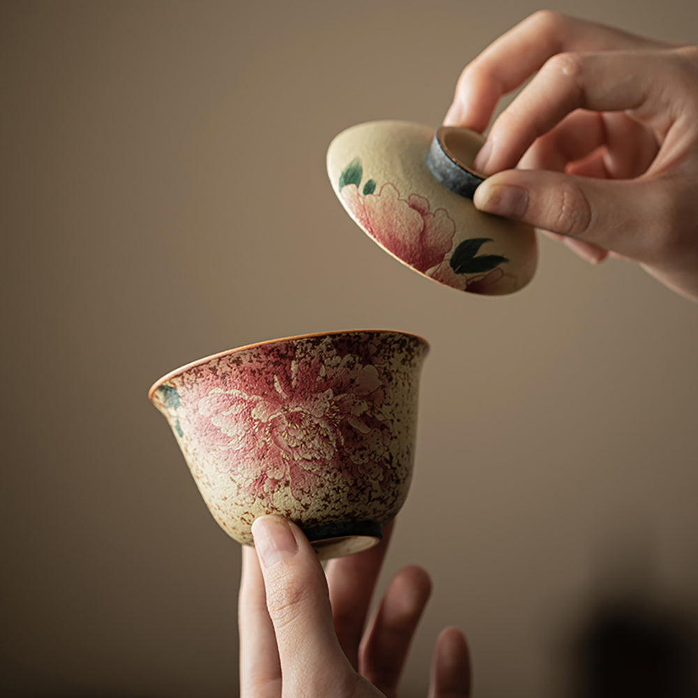 Flint Red Peony Ceramic Gaiwan with Gift Box