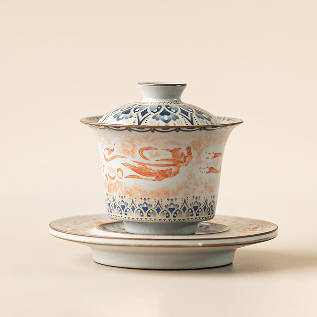 Ruyao Porcelain Gaiwan with Dunhuang Feitian and Lotus Design