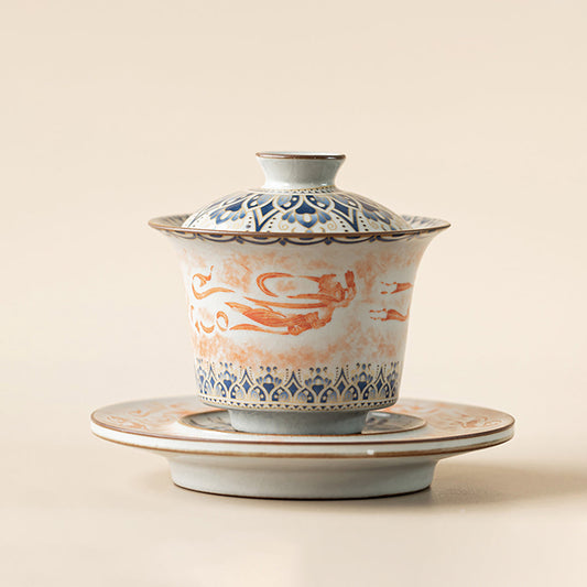 Ruyao Porcelain Gaiwan with Dunhuang Feitian and Lotus Design