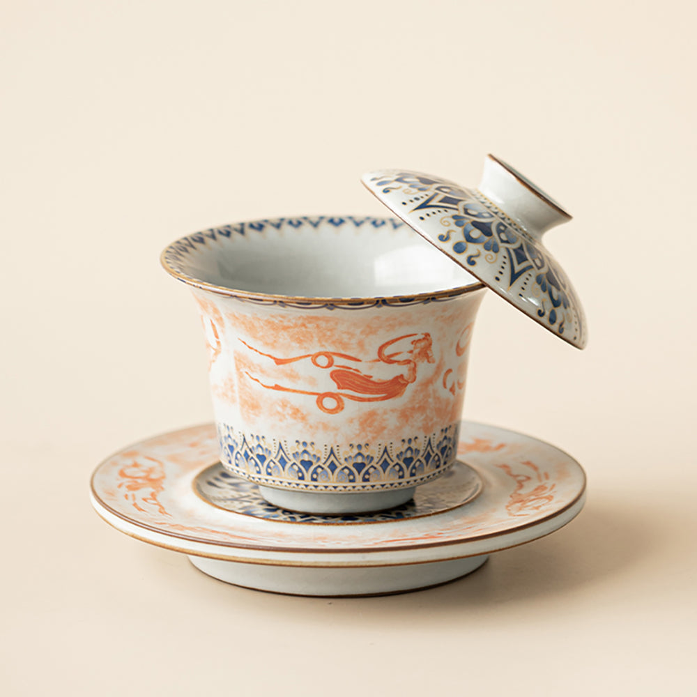 Ruyao Porcelain Gaiwan with Dunhuang Feitian and Lotus Design