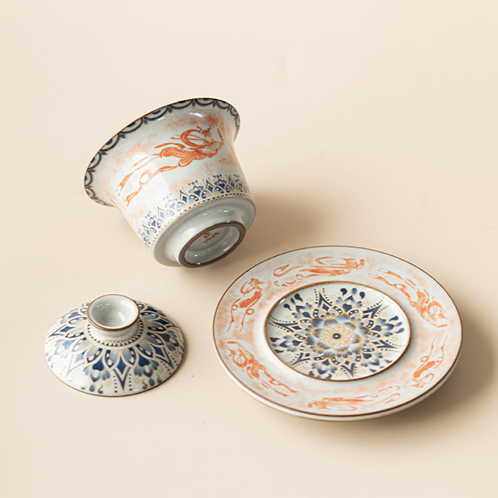 Ruyao Porcelain Gaiwan with Dunhuang Feitian and Lotus Design