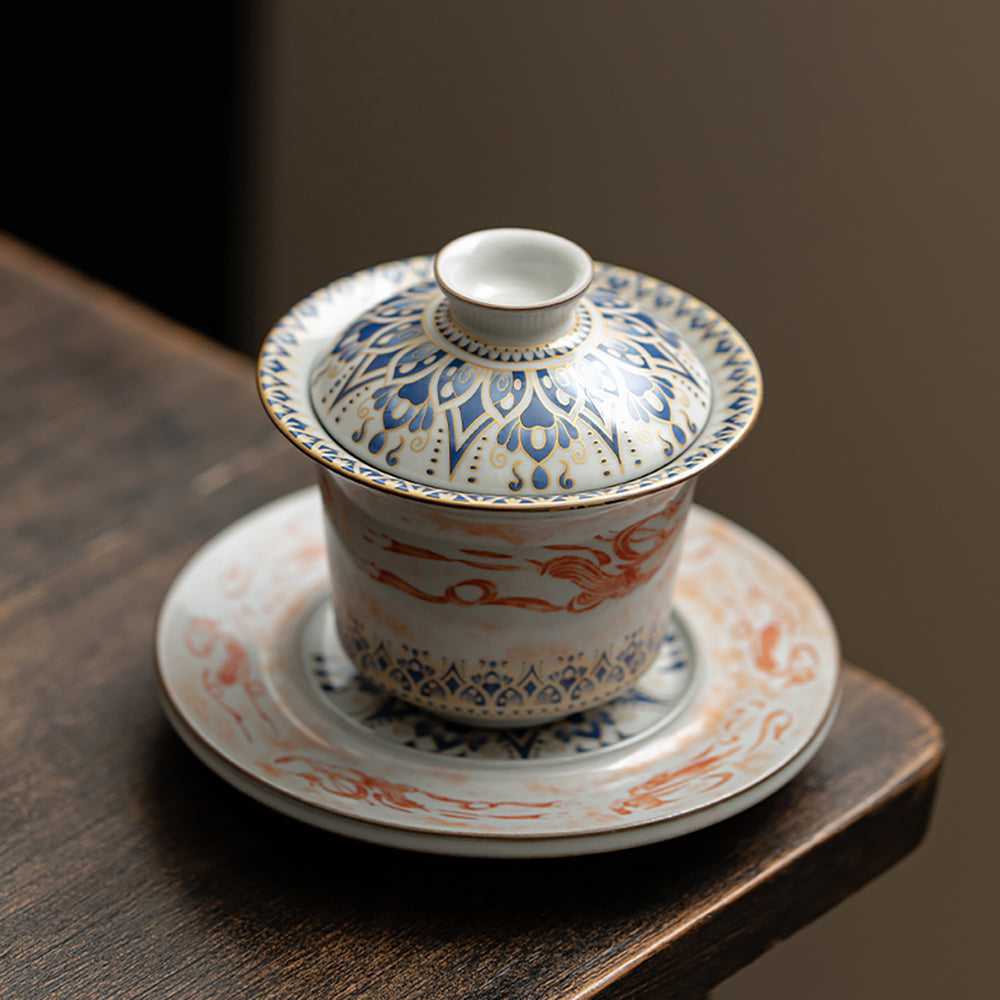 Ruyao Porcelain Gaiwan with Dunhuang Feitian and Lotus Design