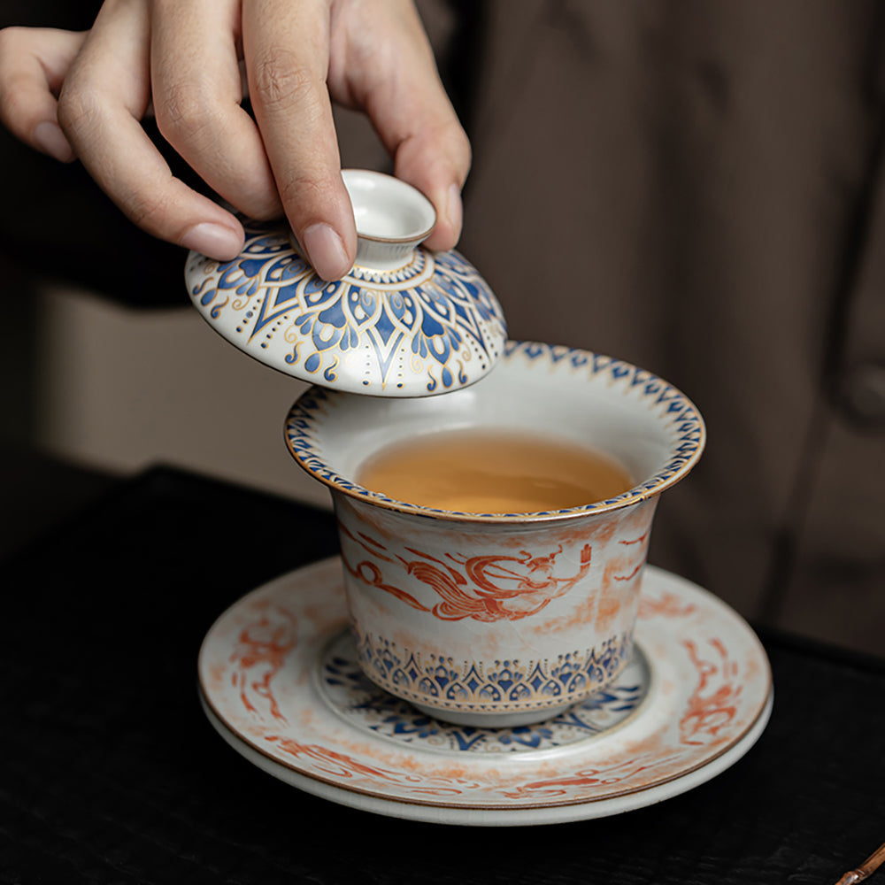 Ruyao Porcelain Gaiwan with Dunhuang Feitian and Lotus Design