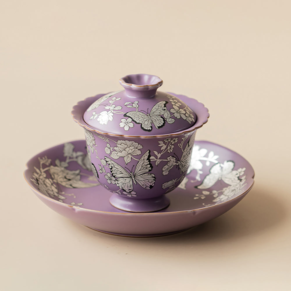 Purple Gilt-Silver Butterfly Porcelain Gaiwan with Saucer