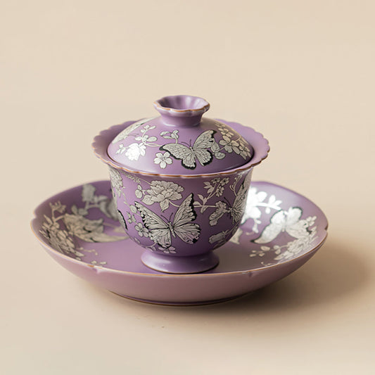 Purple Gilt-Silver Butterfly Porcelain Gaiwan with Saucer
