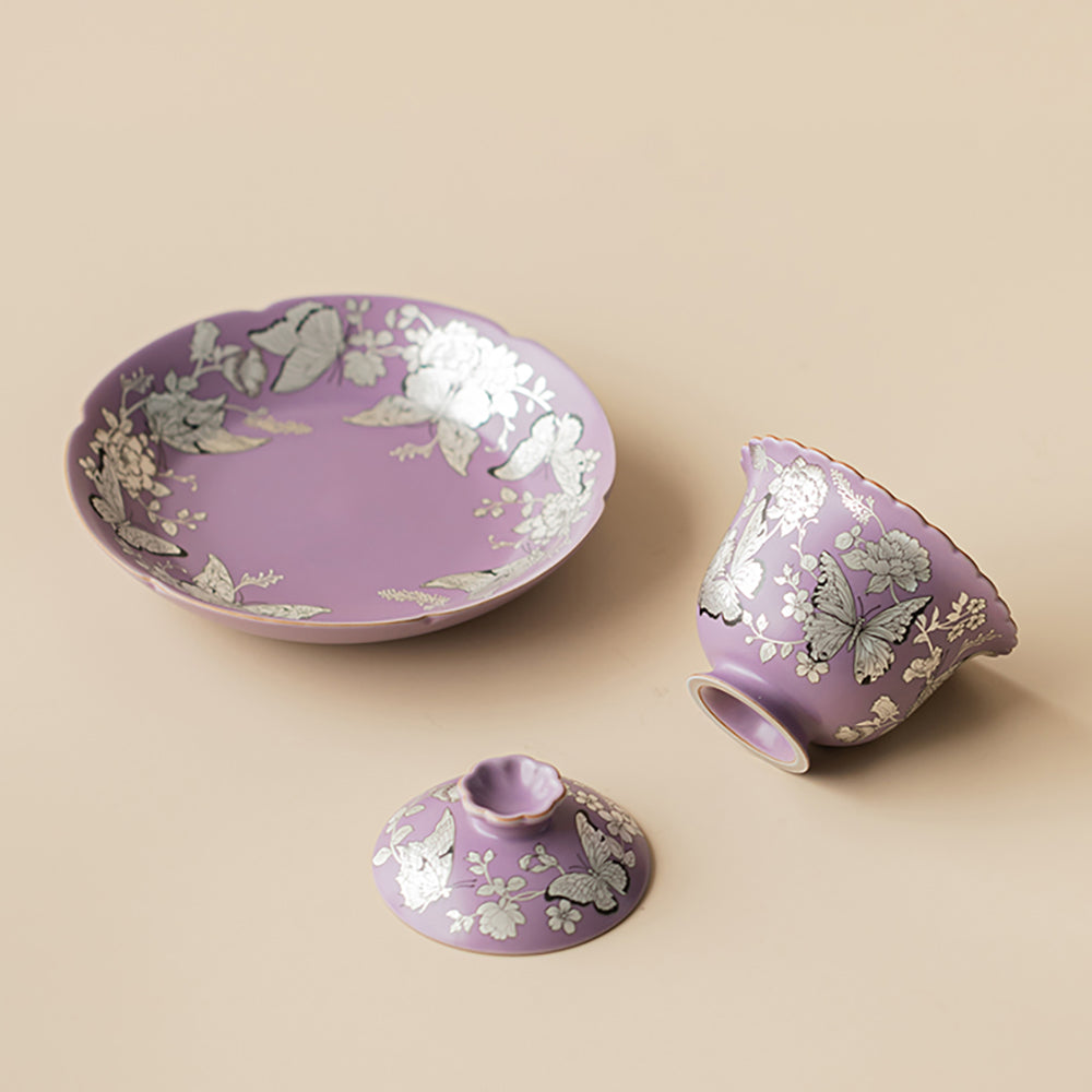 Purple Gilt-Silver Butterfly Porcelain Gaiwan with Saucer