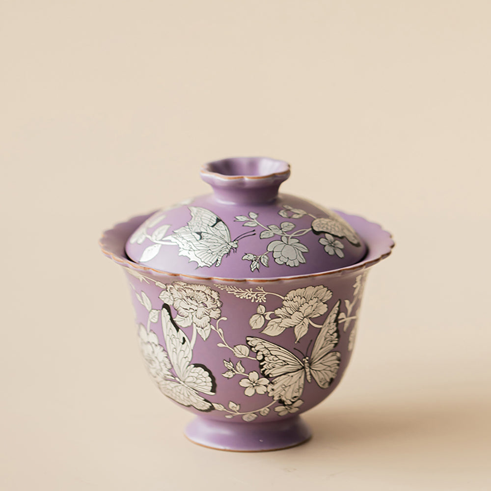 Purple Gilt-Silver Butterfly Porcelain Gaiwan with Saucer