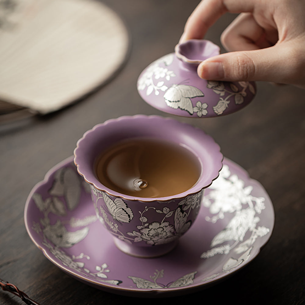 Purple Gilt-Silver Butterfly Porcelain Gaiwan with Saucer
