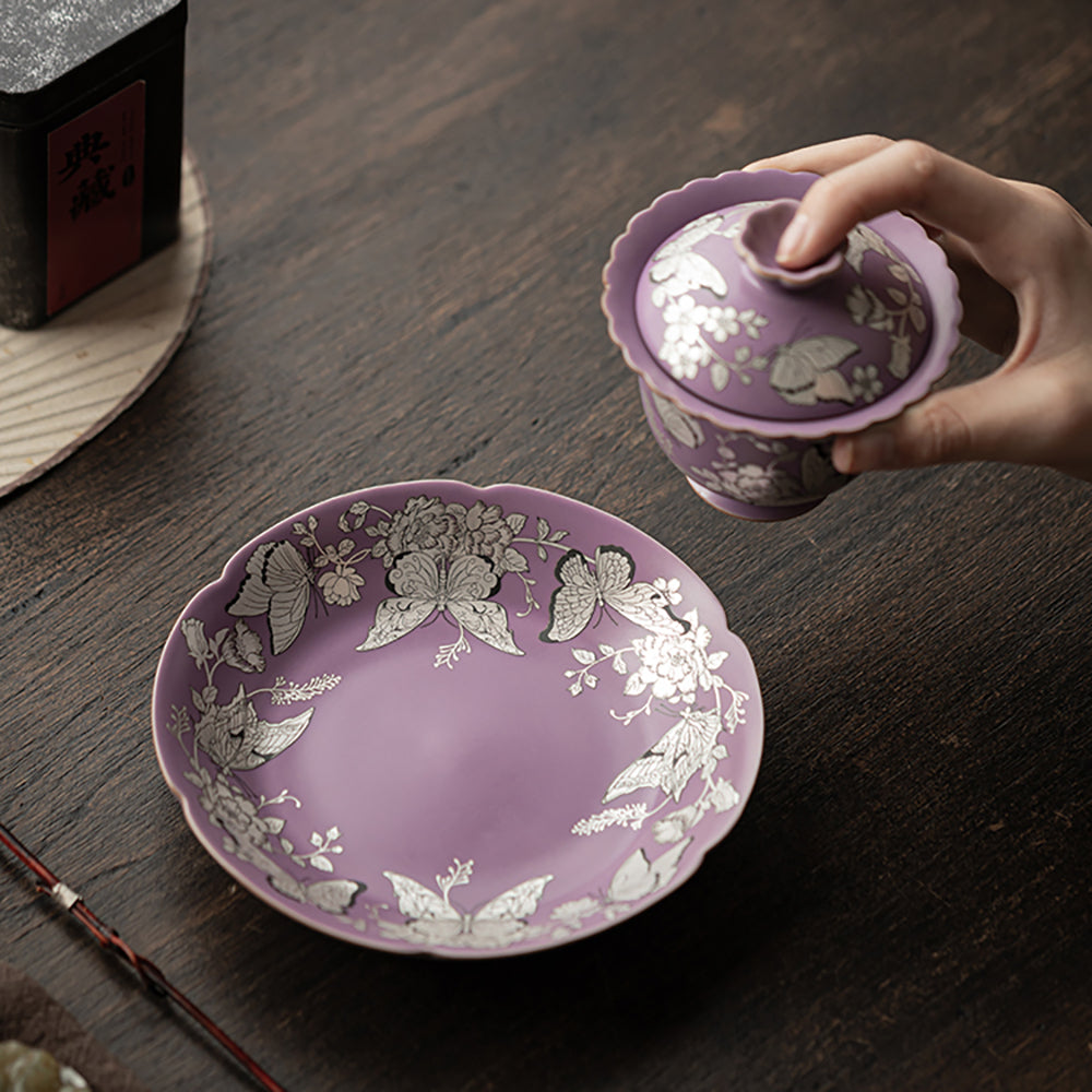 Purple Gilt-Silver Butterfly Porcelain Gaiwan with Saucer