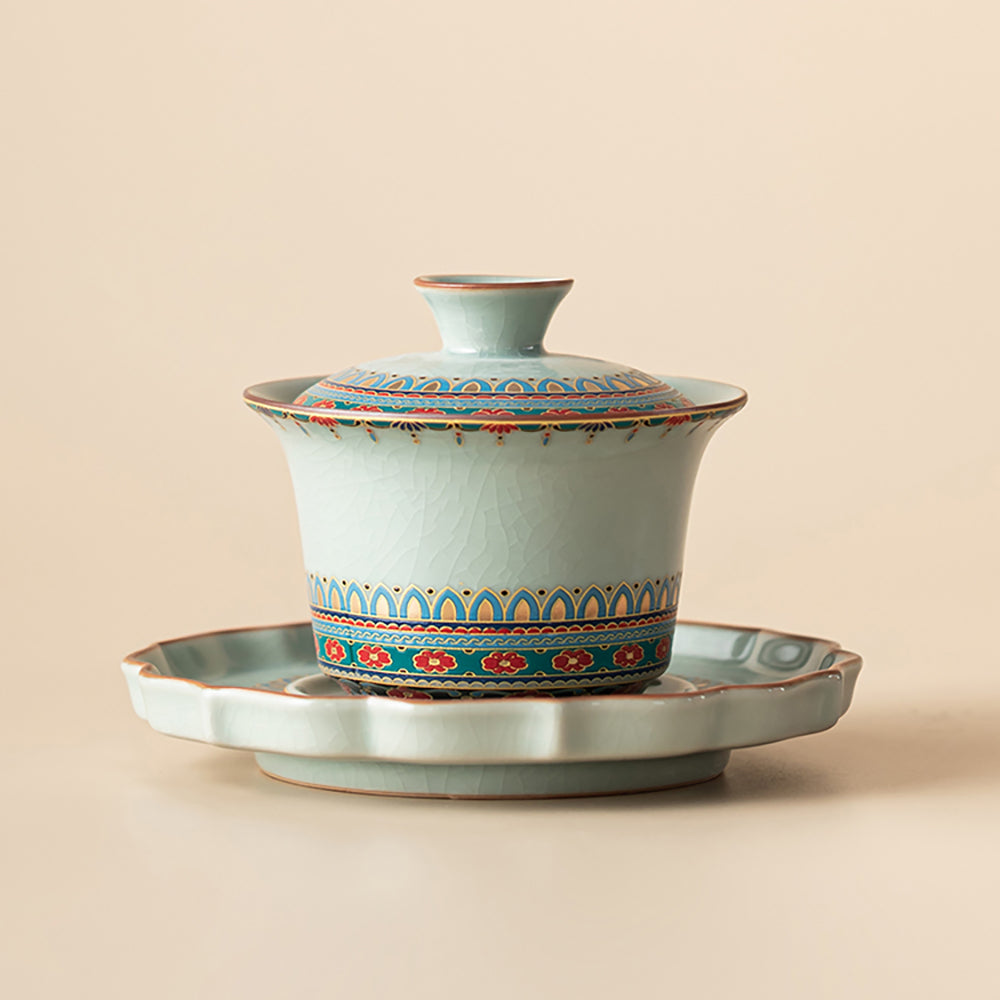 Sky Blue Ruyao Porcelain Gaiwan with Baoxiang Flower Motif