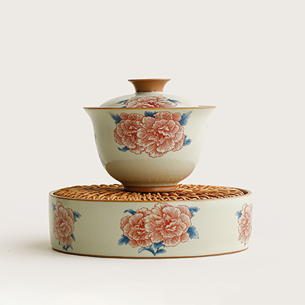 Hibiscus Flower Ruyao Porcelain Gaiwan Tea Set