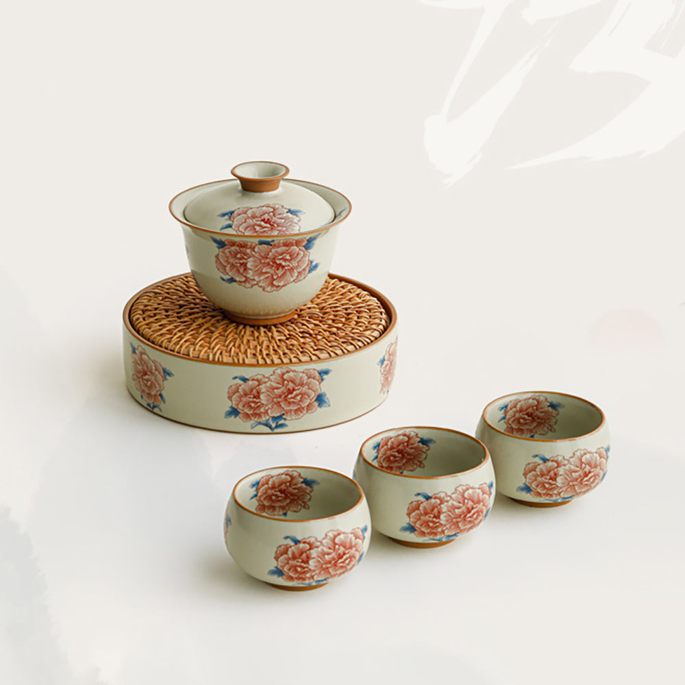 Hibiscus Flower Ruyao Porcelain Gaiwan Tea Set