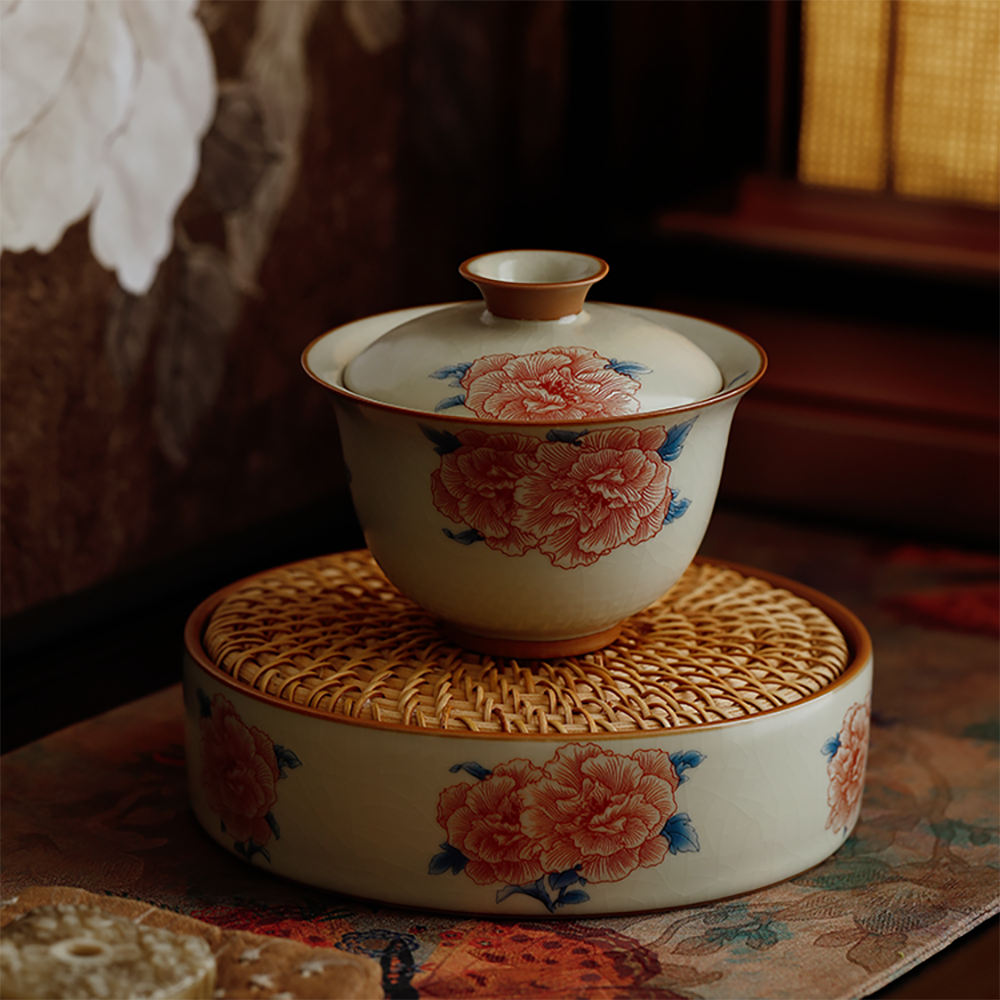 Hibiscus Flower Ruyao Porcelain Gaiwan Tea Set