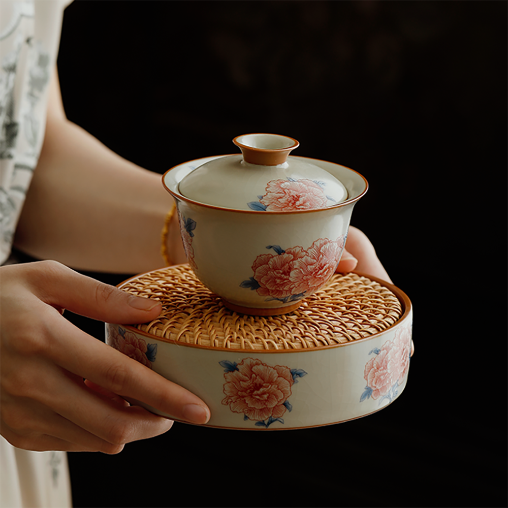 Hibiscus Flower Ruyao Porcelain Gaiwan Tea Set