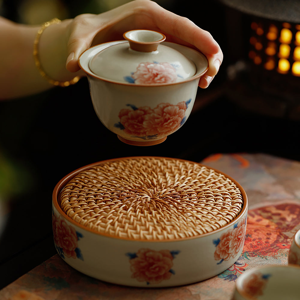 Hibiscus Flower Ruyao Porcelain Gaiwan Tea Set