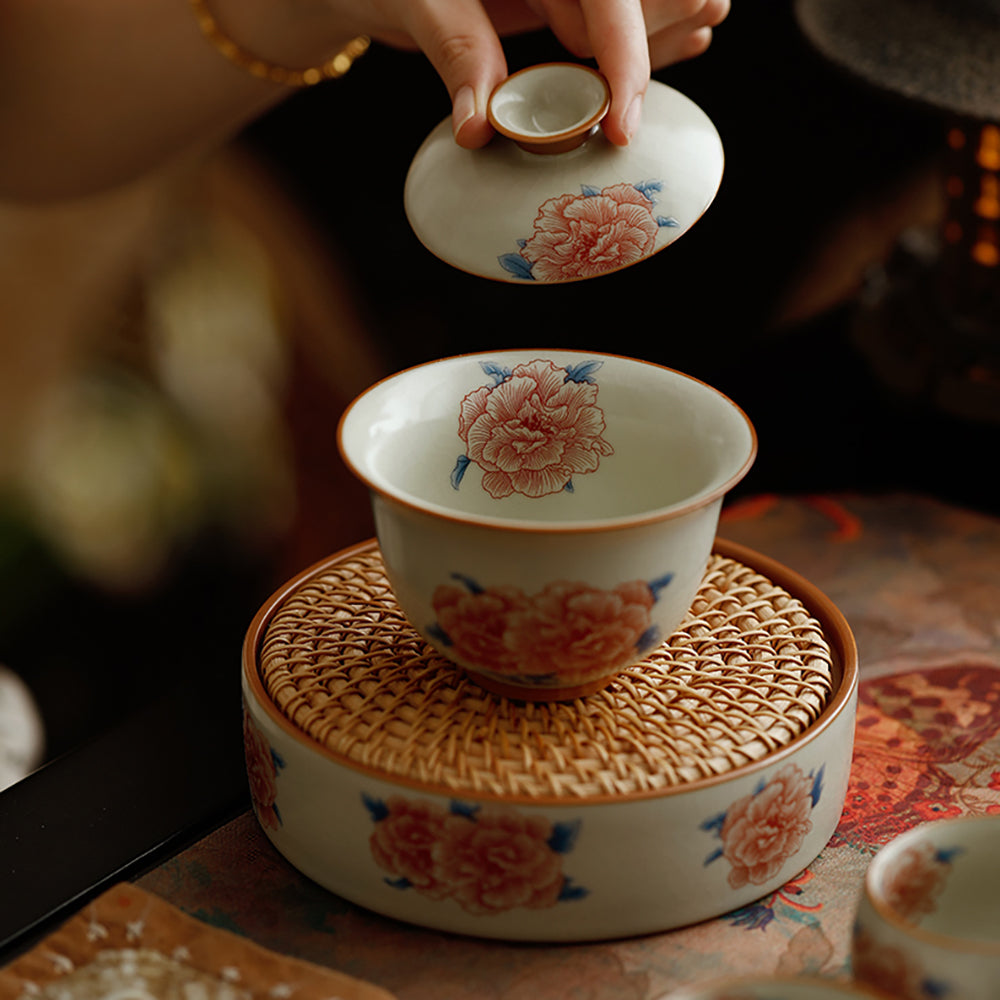 Hibiscus Flower Ruyao Porcelain Gaiwan Tea Set