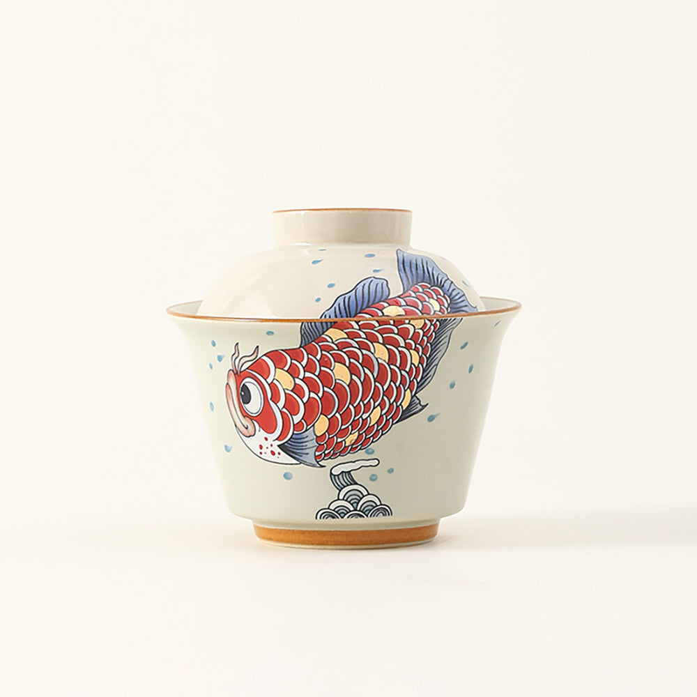 Goldfish Porcelain Gaiwan with Wood Ash Glaze