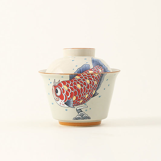 Goldfish Porcelain Gaiwan with Wood Ash Glaze