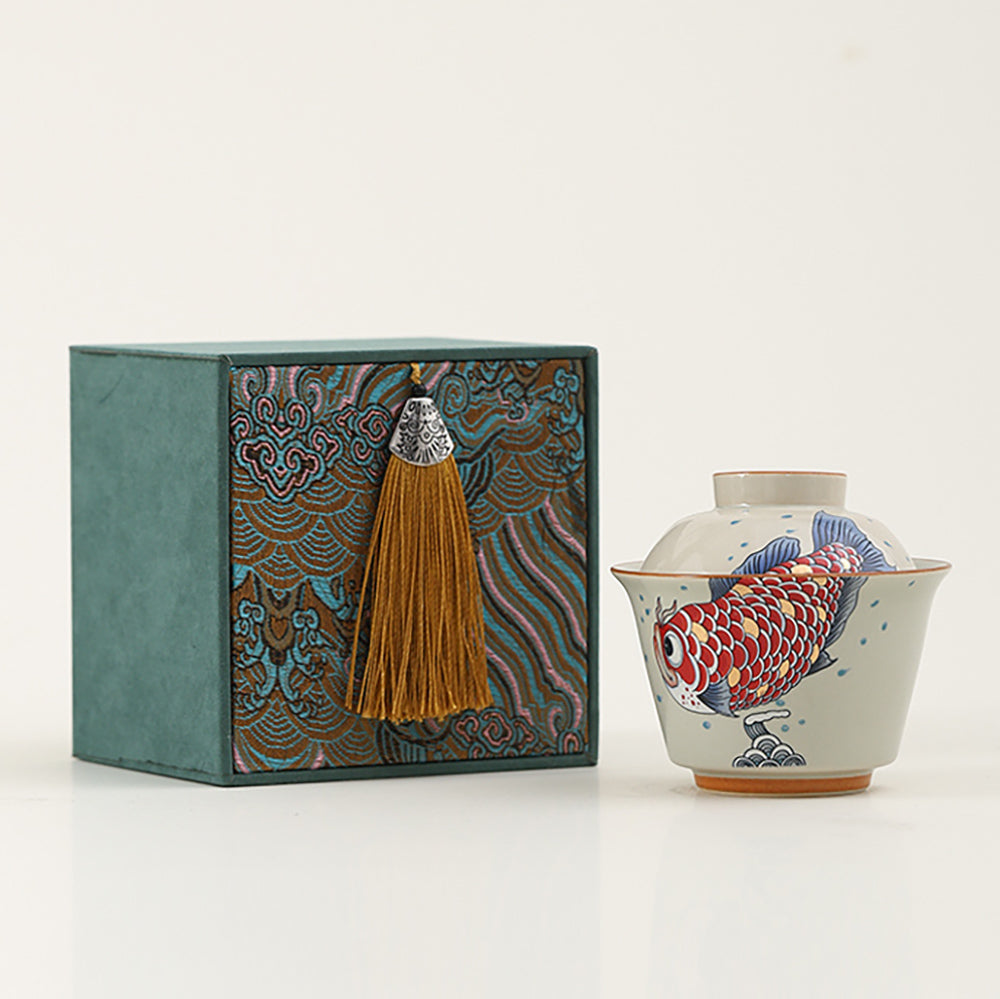 Goldfish Porcelain Gaiwan with Wood Ash Glaze