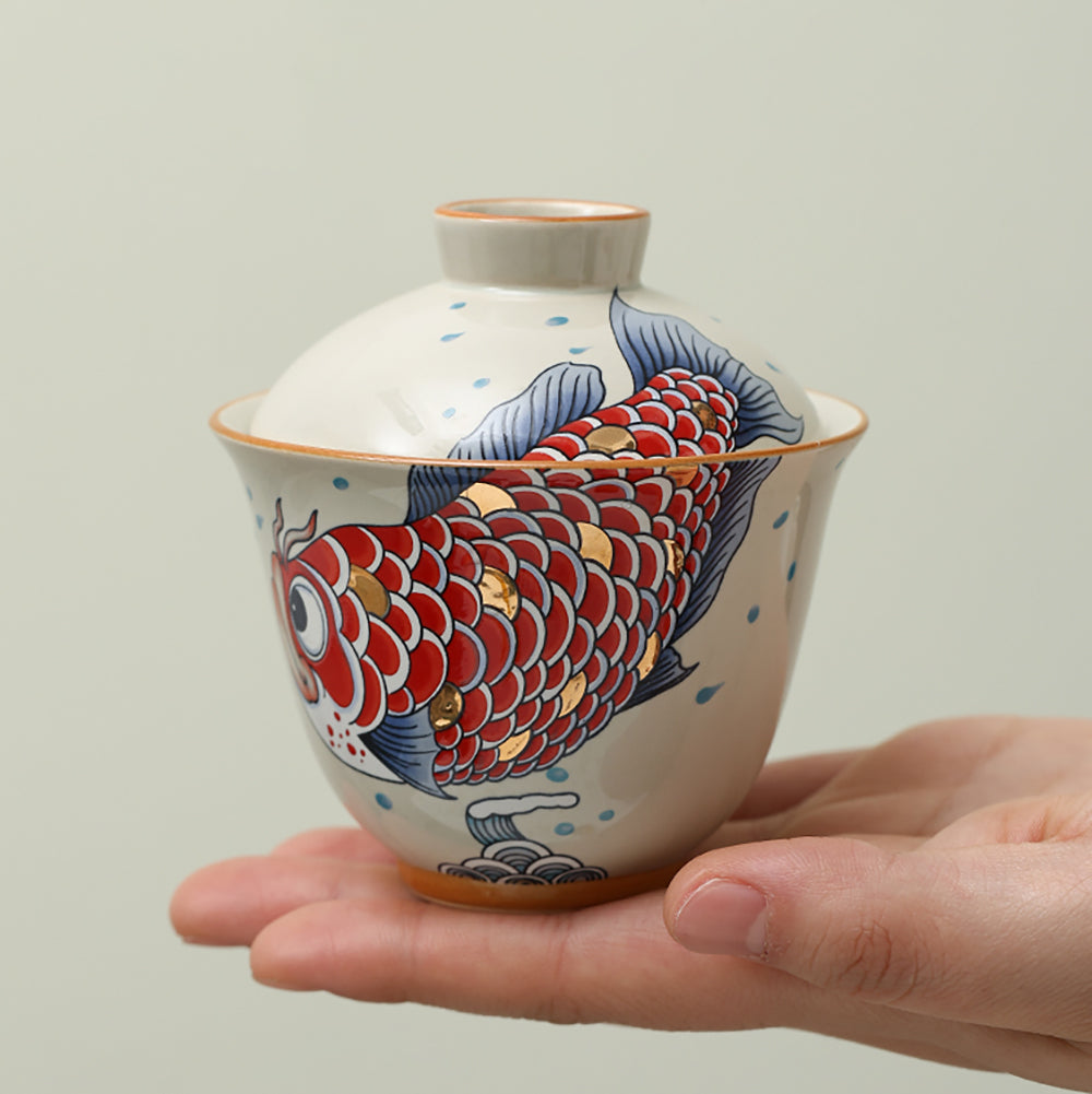 Goldfish Porcelain Gaiwan with Wood Ash Glaze