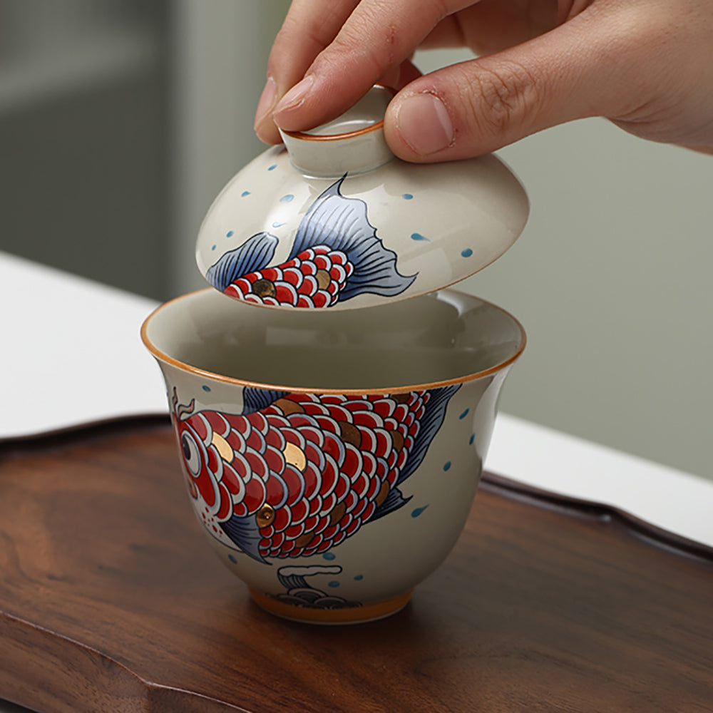 Goldfish Porcelain Gaiwan with Wood Ash Glaze