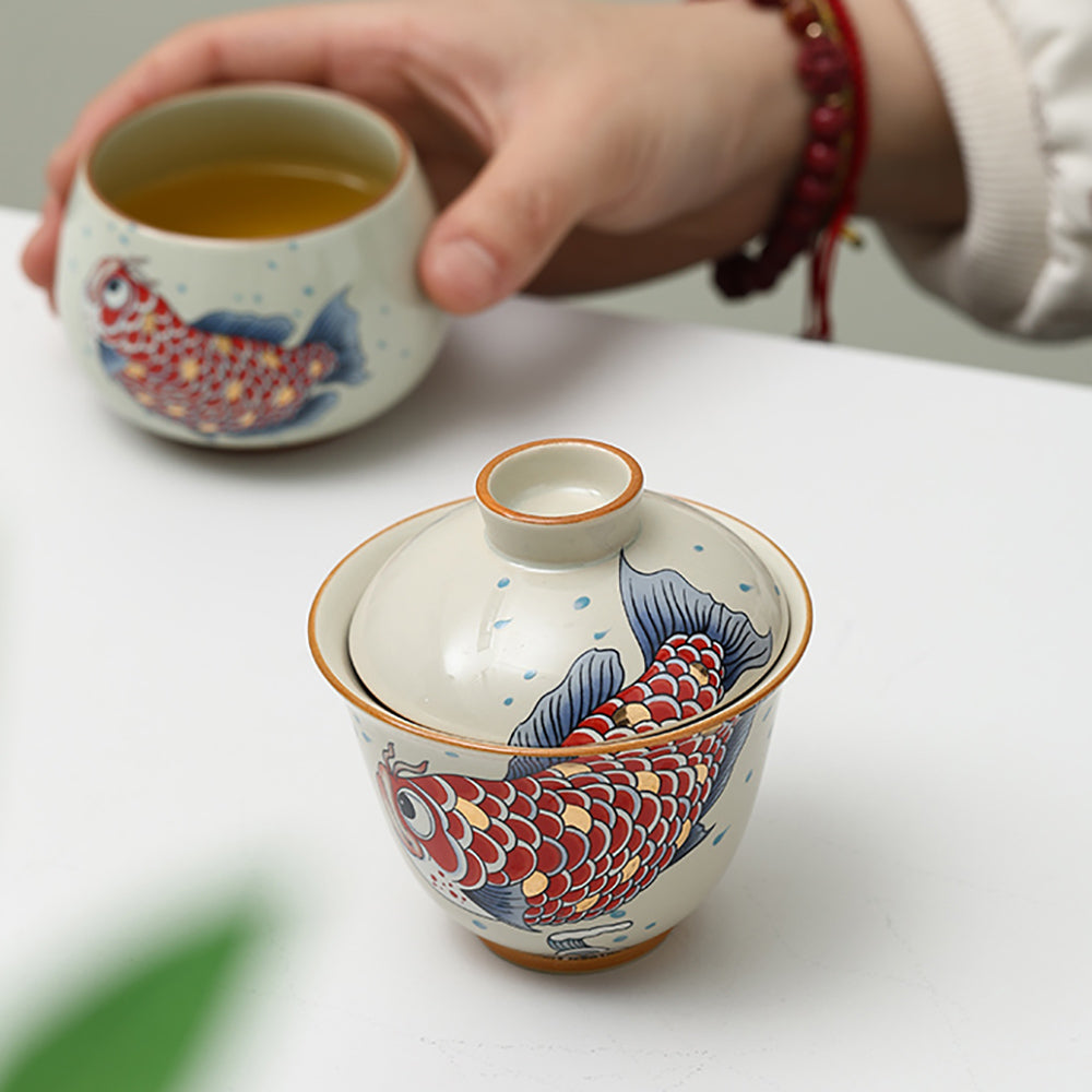 Goldfish Porcelain Gaiwan with Wood Ash Glaze
