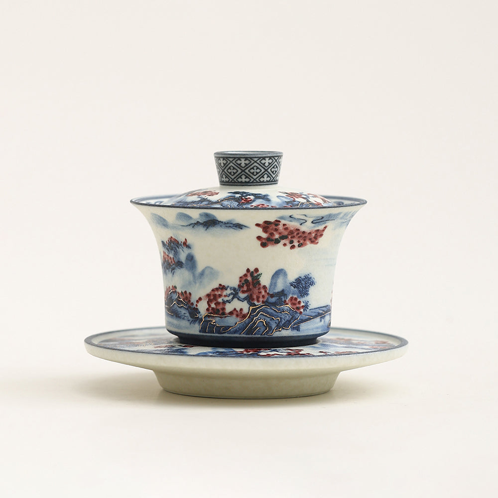 Hand-Painted Blue and White Porcelain Gaiwan with Saucer