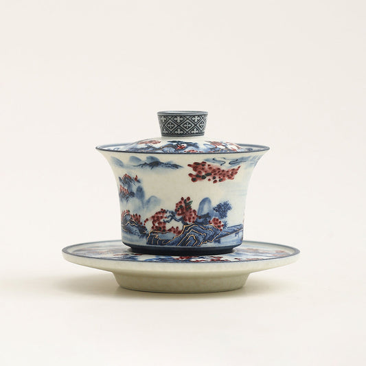 Hand-Painted Blue and White Porcelain Gaiwan with Saucer