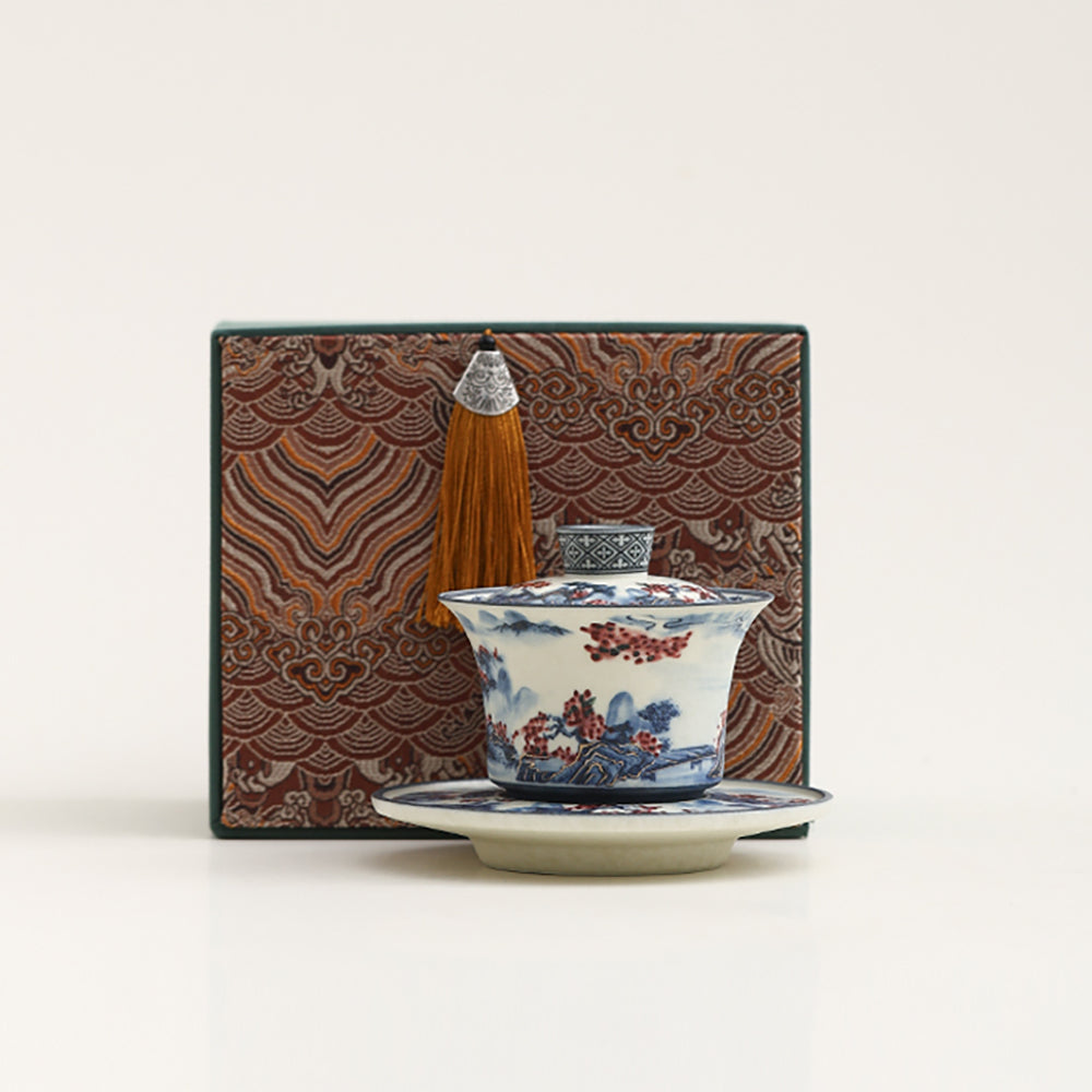 Hand-Painted Blue and White Porcelain Gaiwan with Saucer
