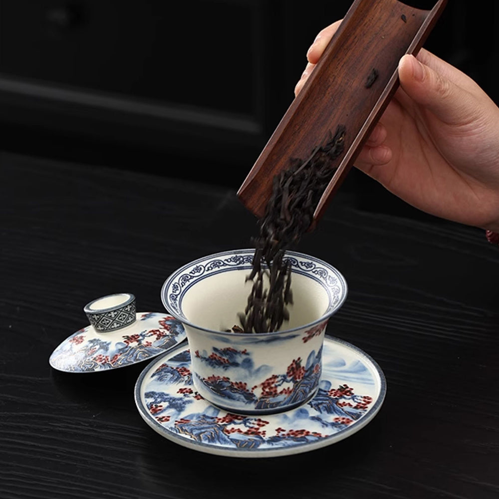 Hand-Painted Blue and White Porcelain Gaiwan with Saucer