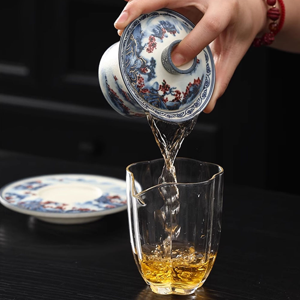 Hand-Painted Blue and White Porcelain Gaiwan with Saucer