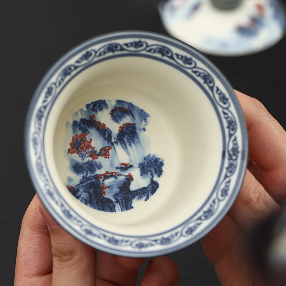 Hand-Painted Blue and White Porcelain Gaiwan with Saucer