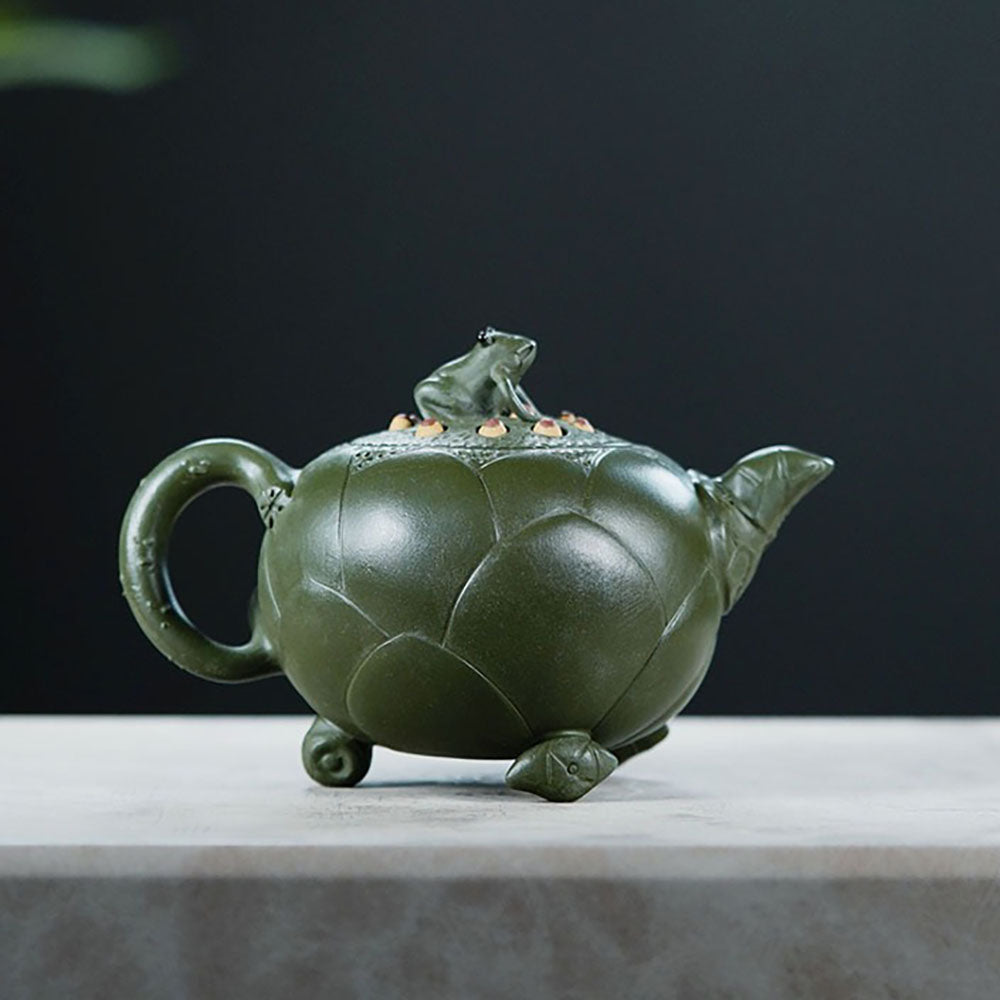Yixing Green Clay Lotus Teapot with Frog Lid