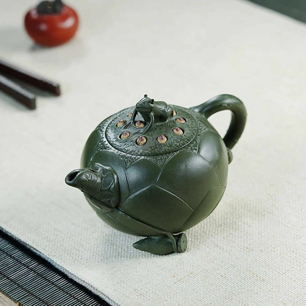 Yixing Green Clay Lotus Teapot with Frog Lid